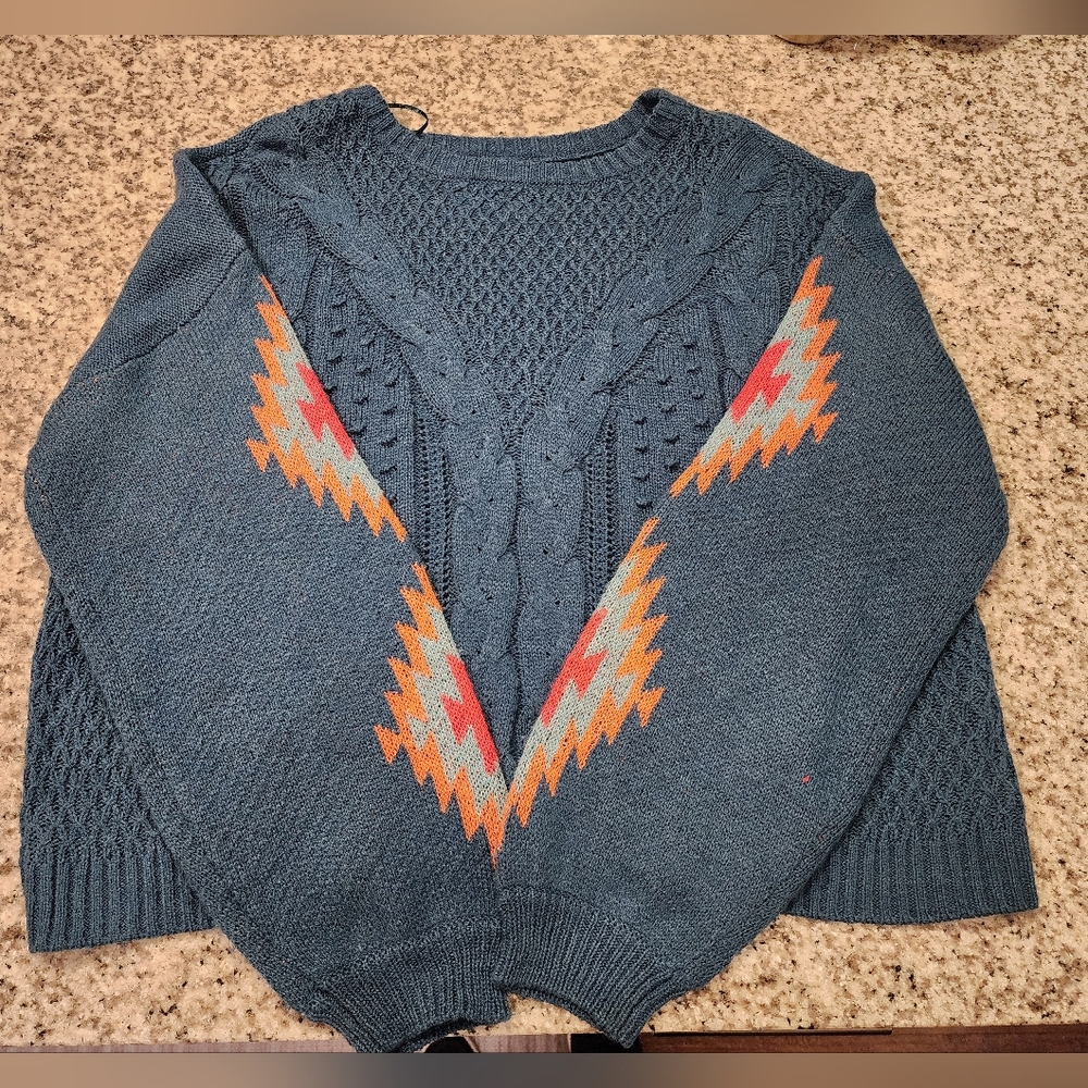 Rock N Roll Cowgirl Navy and Coral sweater Sz XL